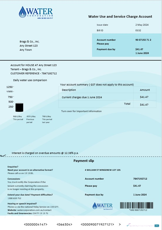 Download Australia Water Corporation WA business utility bill word and pdf. doc Photoshop template